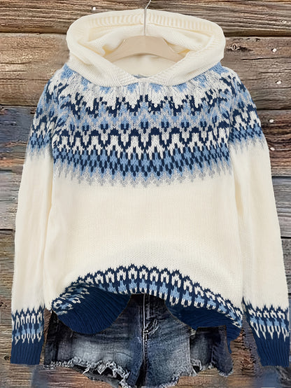 Comfortable Fair Isle Sweater for Women with Hooded Long Sleeve Relaxed Oversized Knit Style