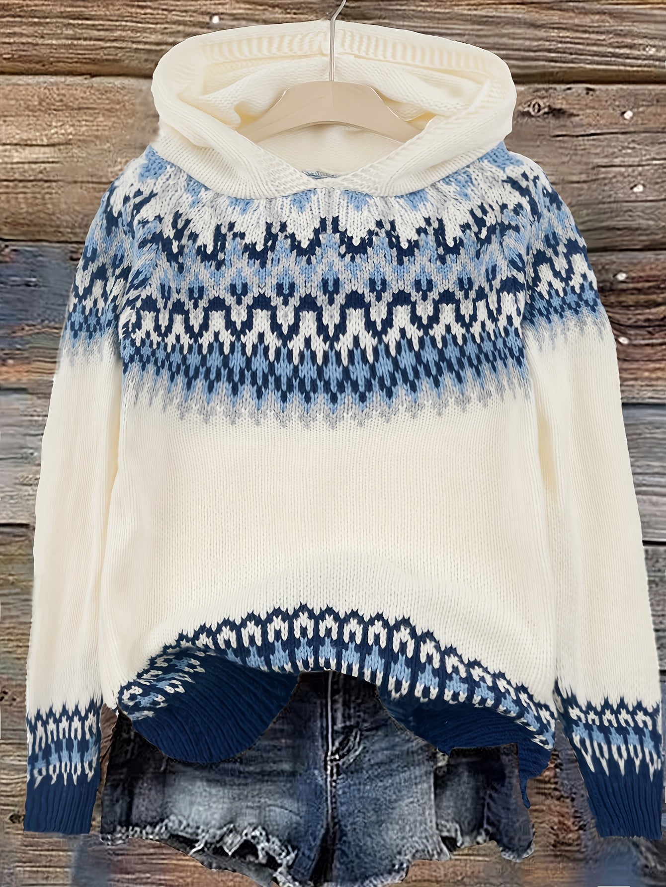 Women's Winter Hooded Jacquard Sweatshirt Style Glacier Snow Mountain Chunky Elegant Fashionable Comfortable Casual Vintage Commuter Soft Slim-Fit Top