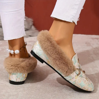 Stylish Beige House Shoes for Women with Faux Fur Lining Buckle Detail Printed Slip On Style