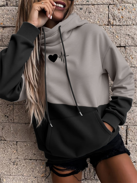 Comfortable Colorblock Heartbeat Print Hoodie for Women with Drawstring Hood Long Sleeve Oversized Kangaroo Pocket Style