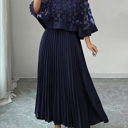 Elegant Floral Pleated Maxi Dress for Women with Round Neck Cape Sleeve Appliqué Flowing Formal Wedding Guest Style