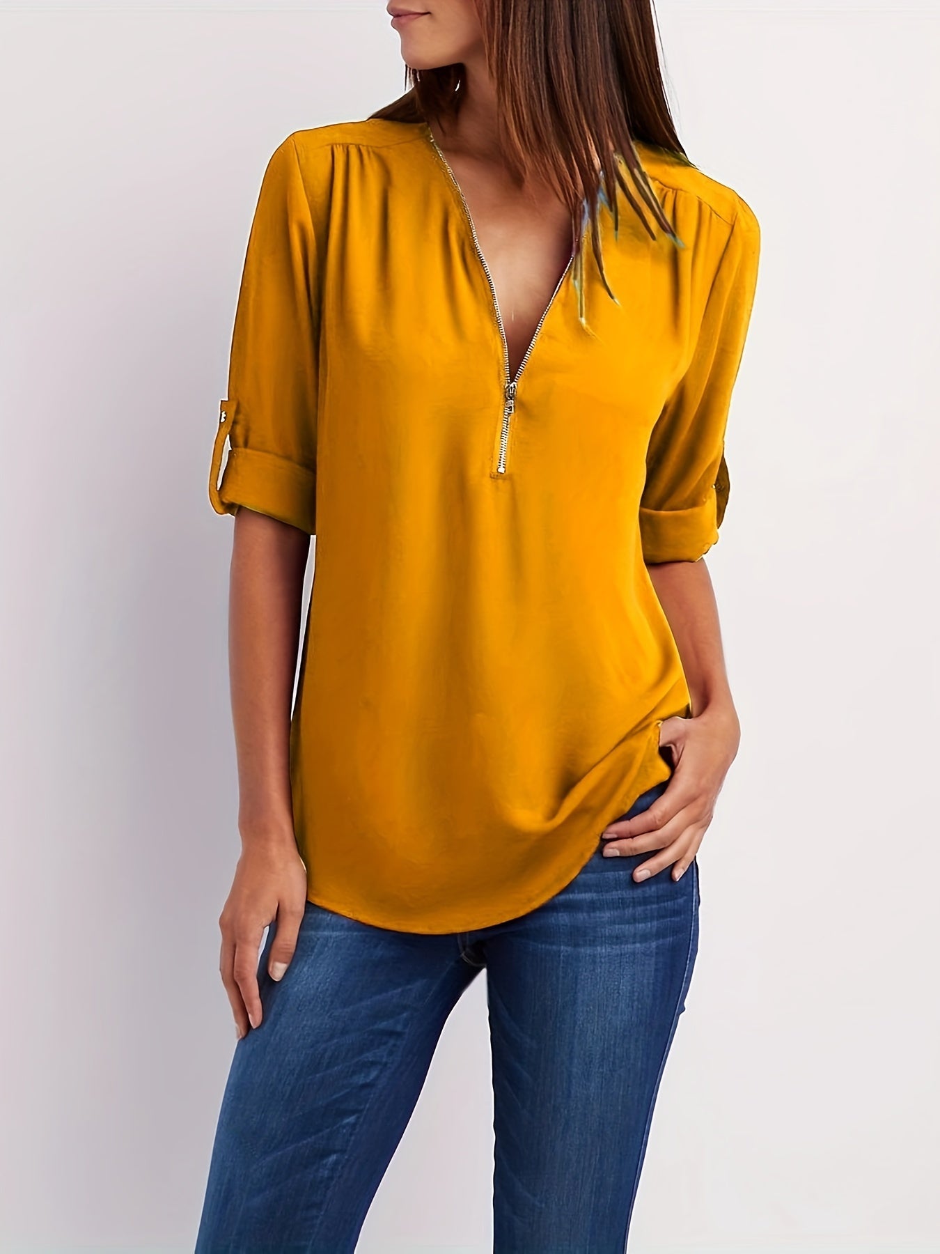 Effortless Zip Front Blouse for Women with V Neck Roll Tab Sleeve Relaxed Tunic Style