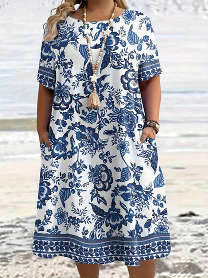 Plus Size - Plus Size - Summer New Plus Size Women'S Vacation Style Easy And Porcelain Floral Pattern All-Over Print Dress, Suitable for All Seasons, Casual And Chic