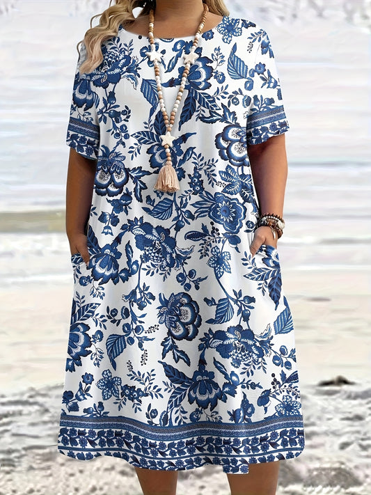 Plus Size - Plus Size - Summer New Plus Size Women'S Vacation Style Easy And Porcelain Floral Pattern All-Over Print Dress, Suitable for All Seasons, Casual And Chic