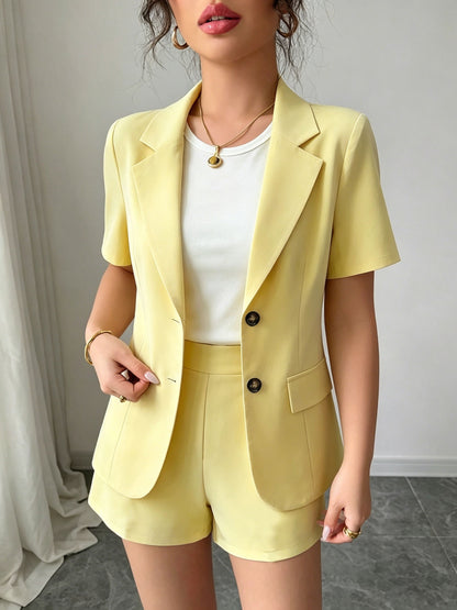 Effortless Blazer Shorts Set for Women with Lapel Collar Short Sleeve Button Front Two Piece Style