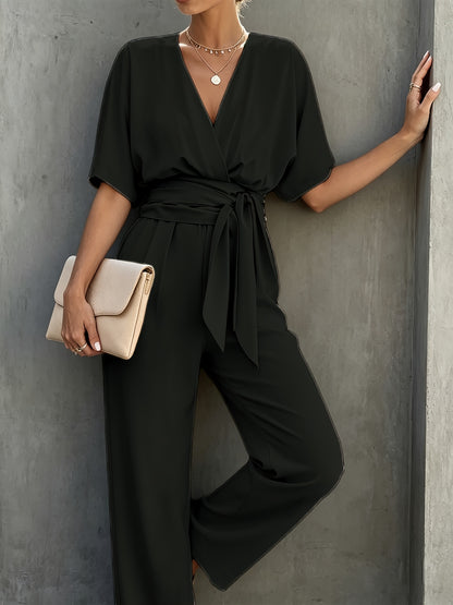 Solid Color Casual Elegant Commuter Women's V-Neck Adjustable Belt Tie Fashion Long Pants Jumpsuit