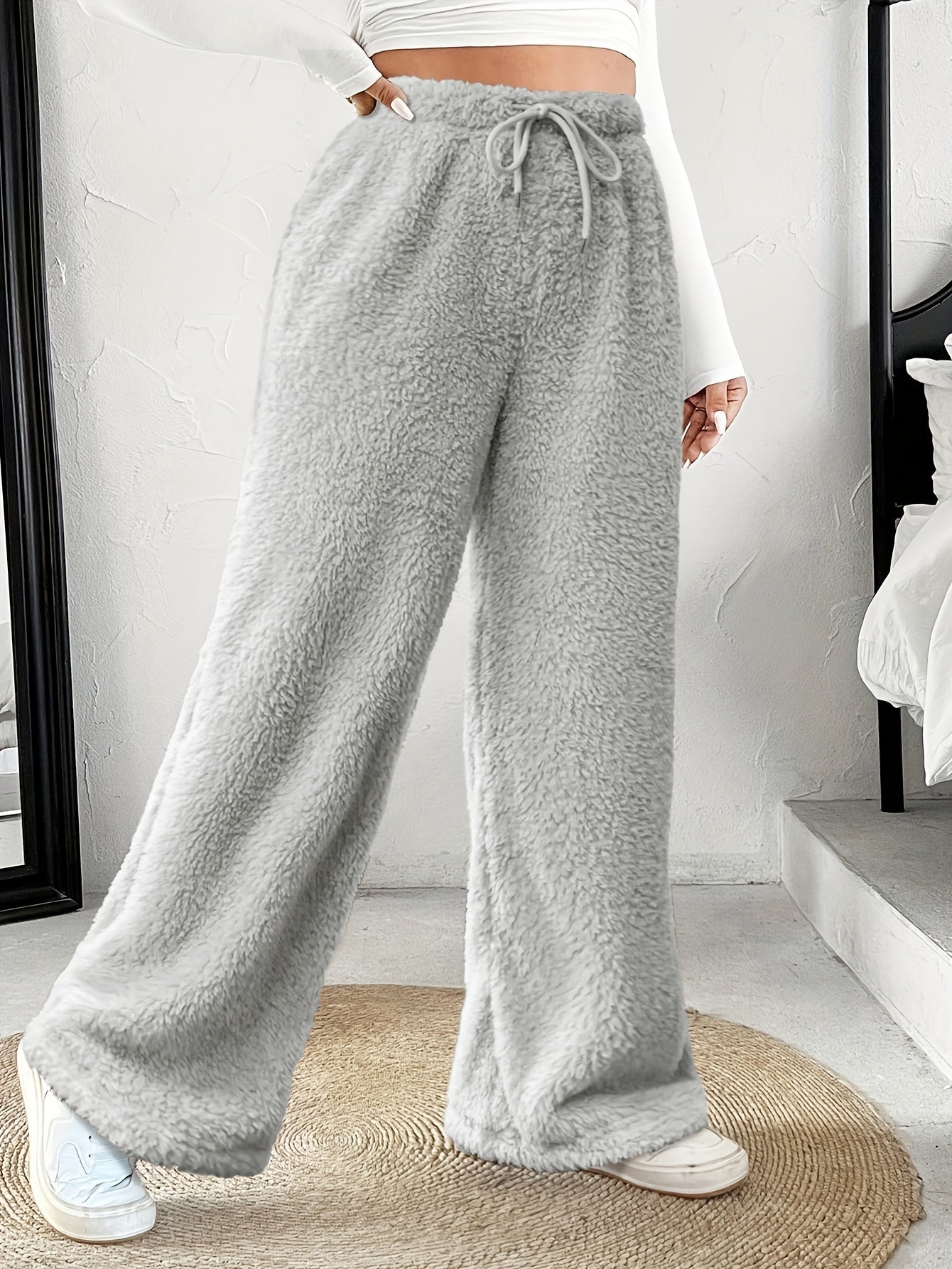 Plus Size -Adult Plus Size Clothing Autumn Winter Casual Reversible Plush Thick Warm Waistband Drawstring Loose Drape Wide Leg Pants