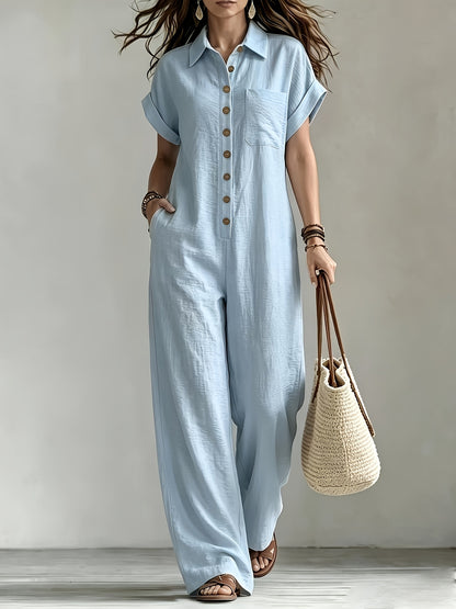 Women'S Summer Short Sleeve Jumpsuit, Collared Single-Row Button Loose Straight Style, Casual Cargo Overalls, Loose Straight Drape Long Pants, Daily Commute Casual All-Match Fashion Comfortable