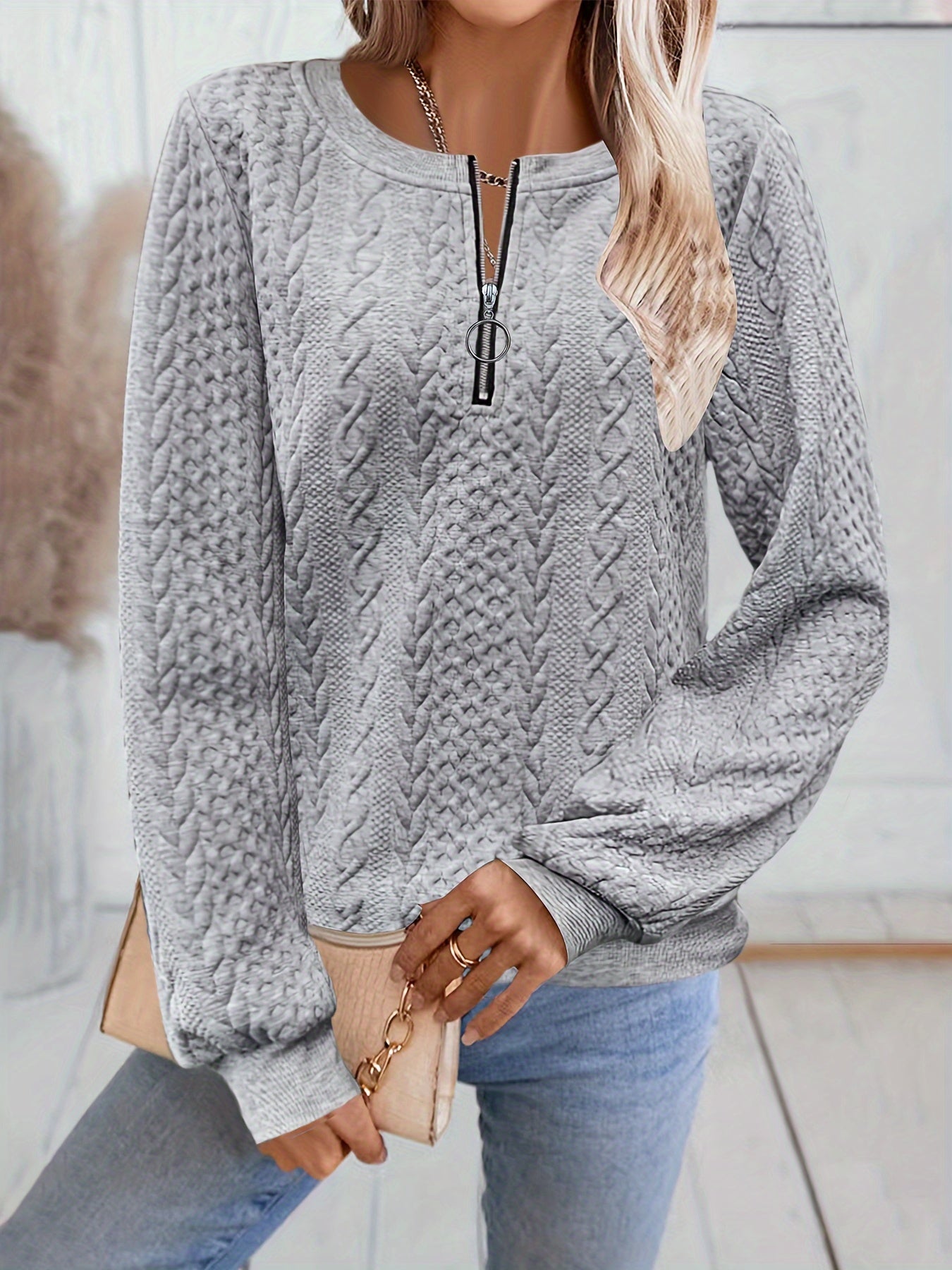 Other Mountain Sq060661 Fashionable Elegant Fall Winter New Solid Texture Fabric Baseball Neck Zip-Up Women'S Long Sleeve Sweatshirt