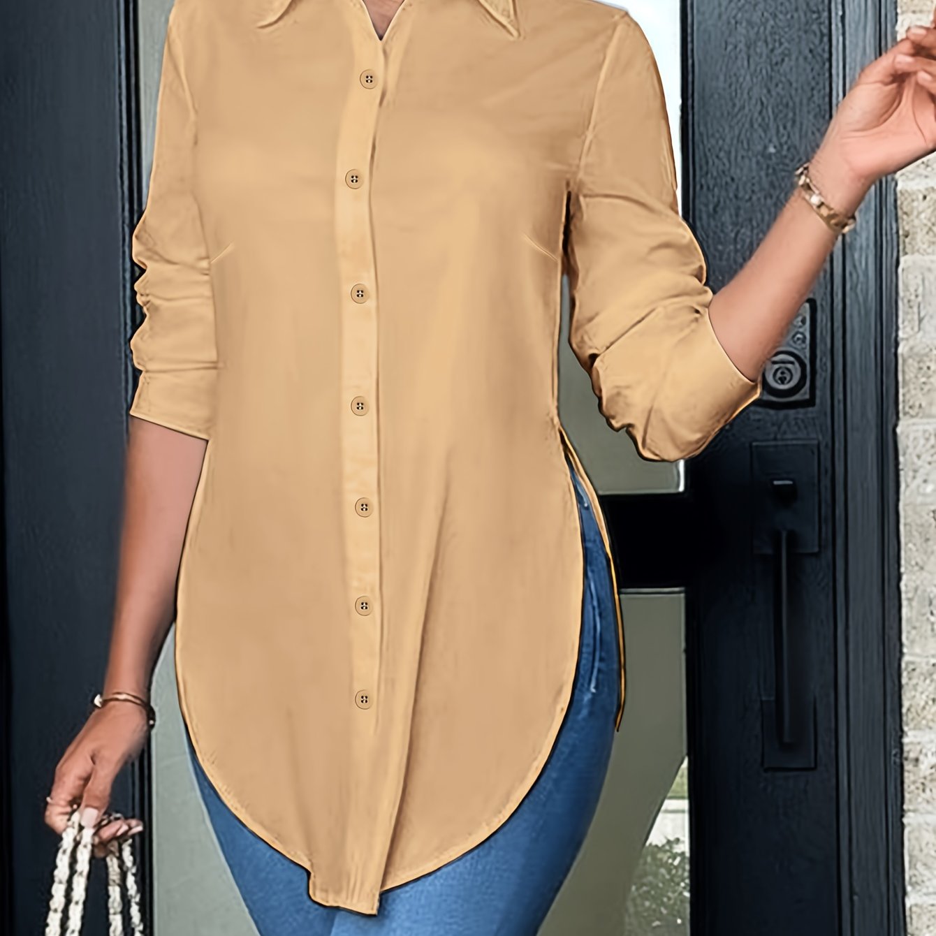 Effortless Tunic Blouse for Women with Collar Long Sleeve Button Front High Low Relaxed Style