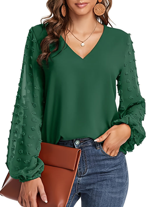 Effortless Swiss Dot Blouse for Women with V Neck Bishop Sleeve Textured Chiffon Casual Style