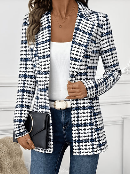 Elegant Black and Blue Houndstooth Blazer for Women with Notched Collar Long Sleeve Tailored Single Button Casual Style