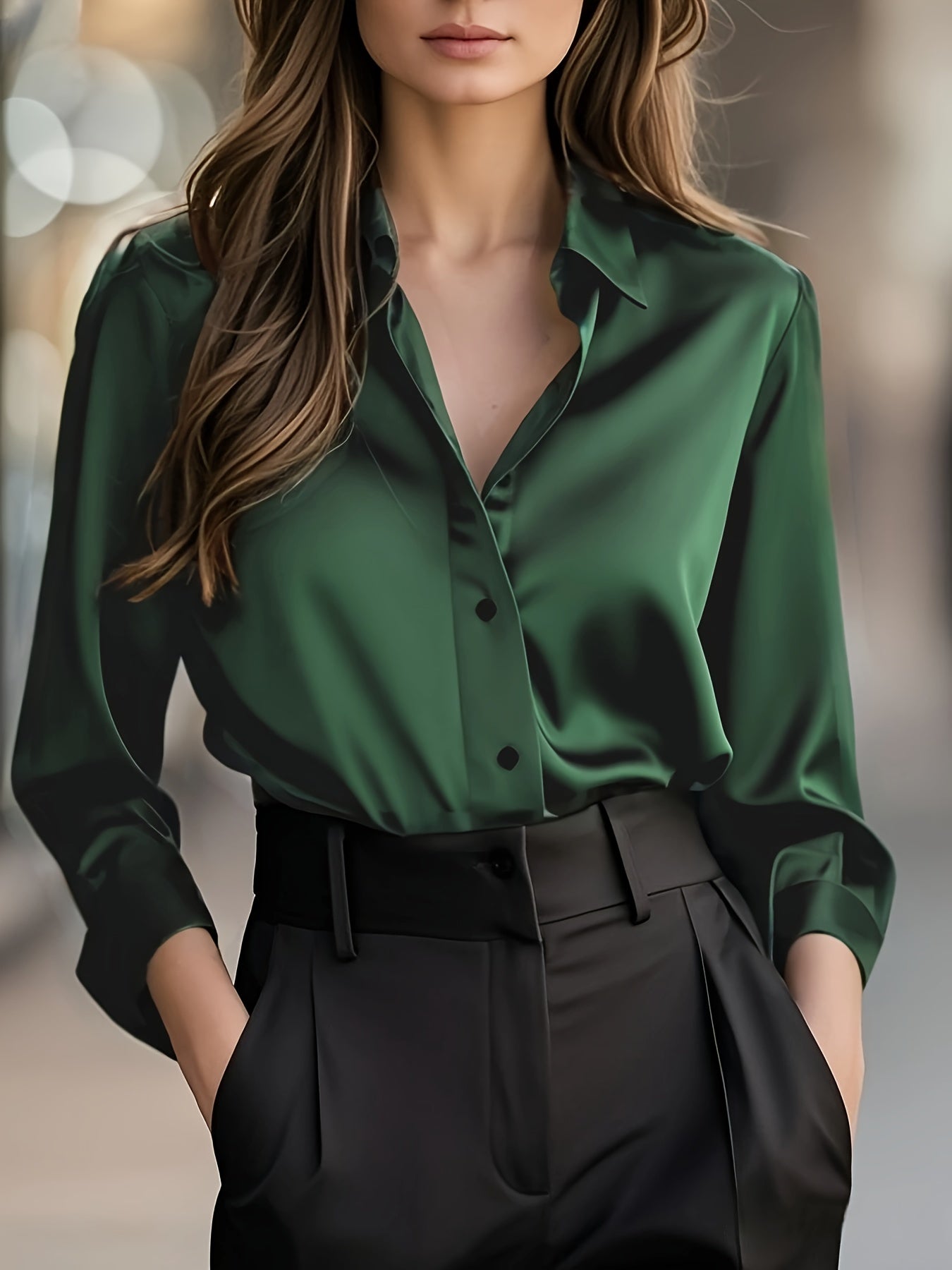 Elegant Satin Blouse for Women with Collar Long Sleeve Button Front Relaxed Silky Style