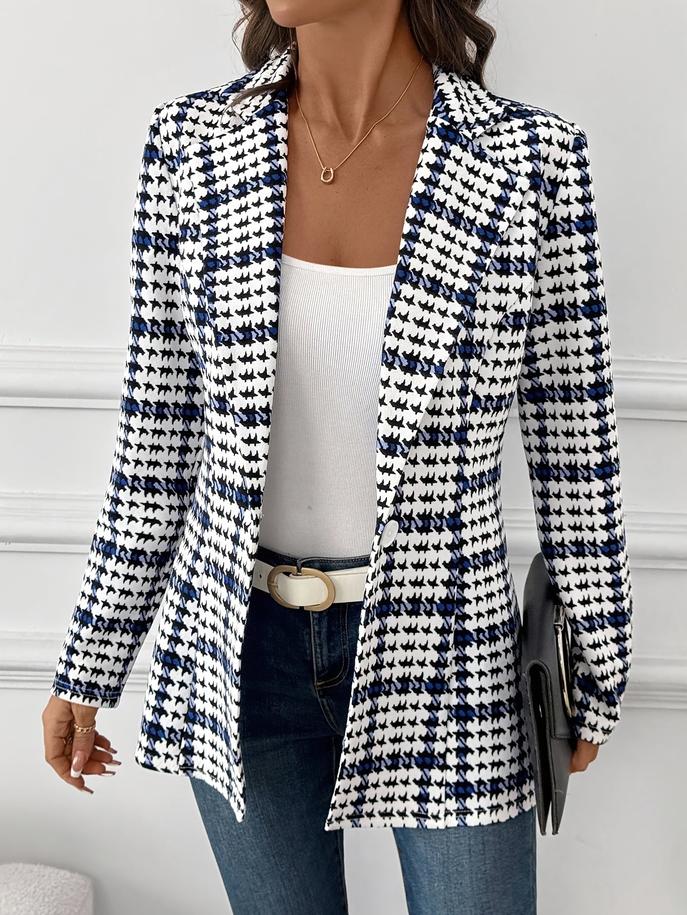 Elegant Plaid Blazer for Women, Versatile Everyday Long-Sleeve Blazer, Classic Plaid Commuter Blazer, Autumn Women's Blazer, Plaid Blazer, Houndstooth Blazer