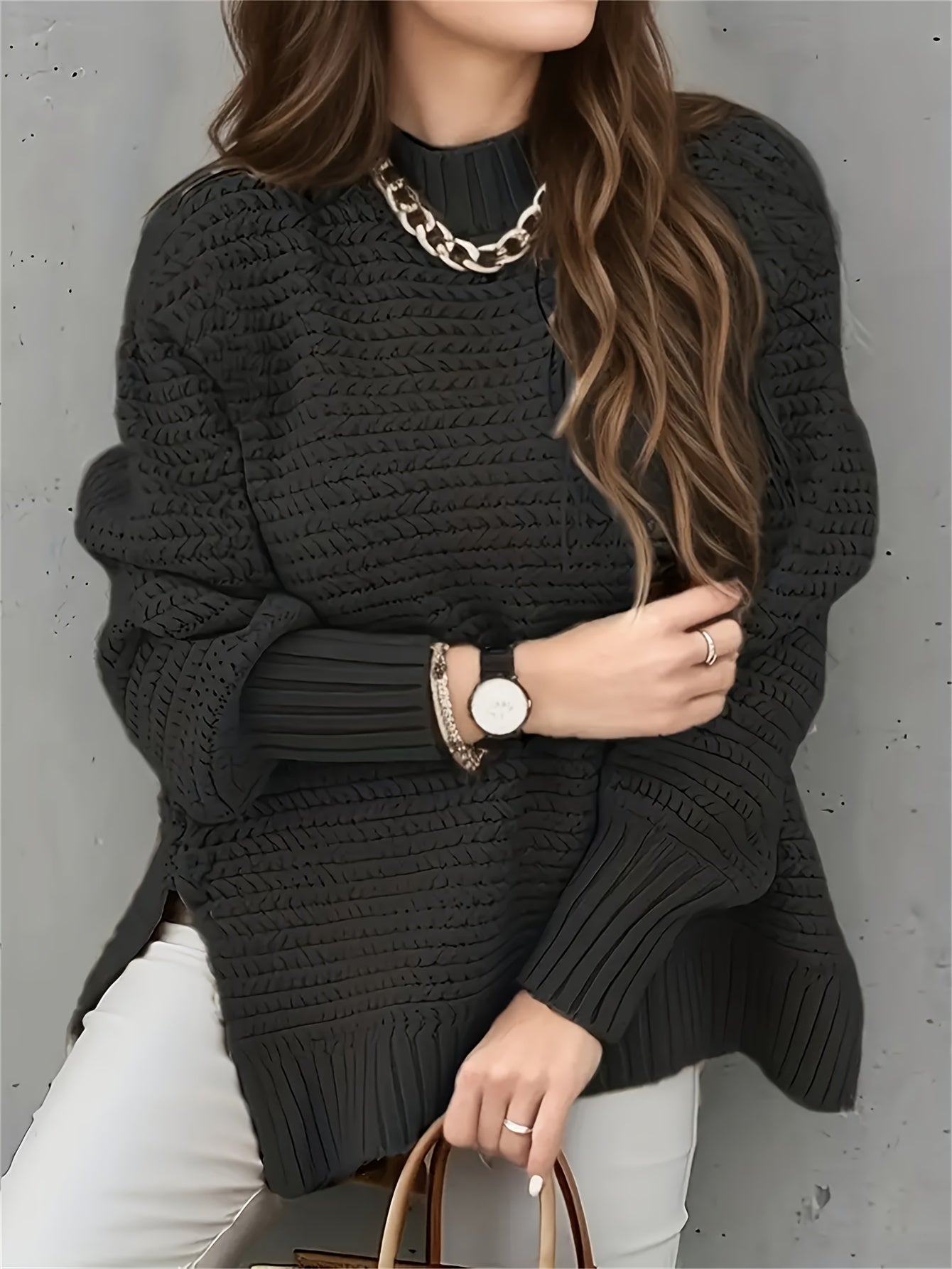 Comfortable Textured Knit Sweater for Women with High Neck Long Sleeve Relaxed Oversized Style