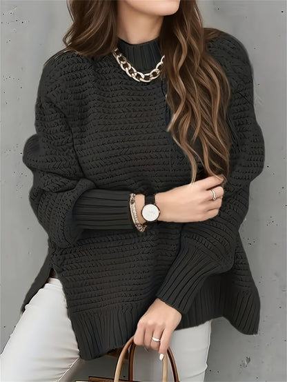 Comfortable Textured Knit Sweater for Women with High Neck Long Sleeve Relaxed Oversized Style
