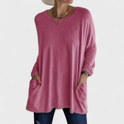 Effortless Oversized Tunic for Women with Crew Neck Long Sleeve Side Pocket Relaxed Style