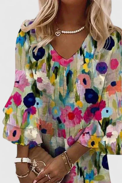 Effortless Multicolor Floral Mini Dress for Women with V Neck Flutter Sleeve Tiered Ruffle Bohemian Style