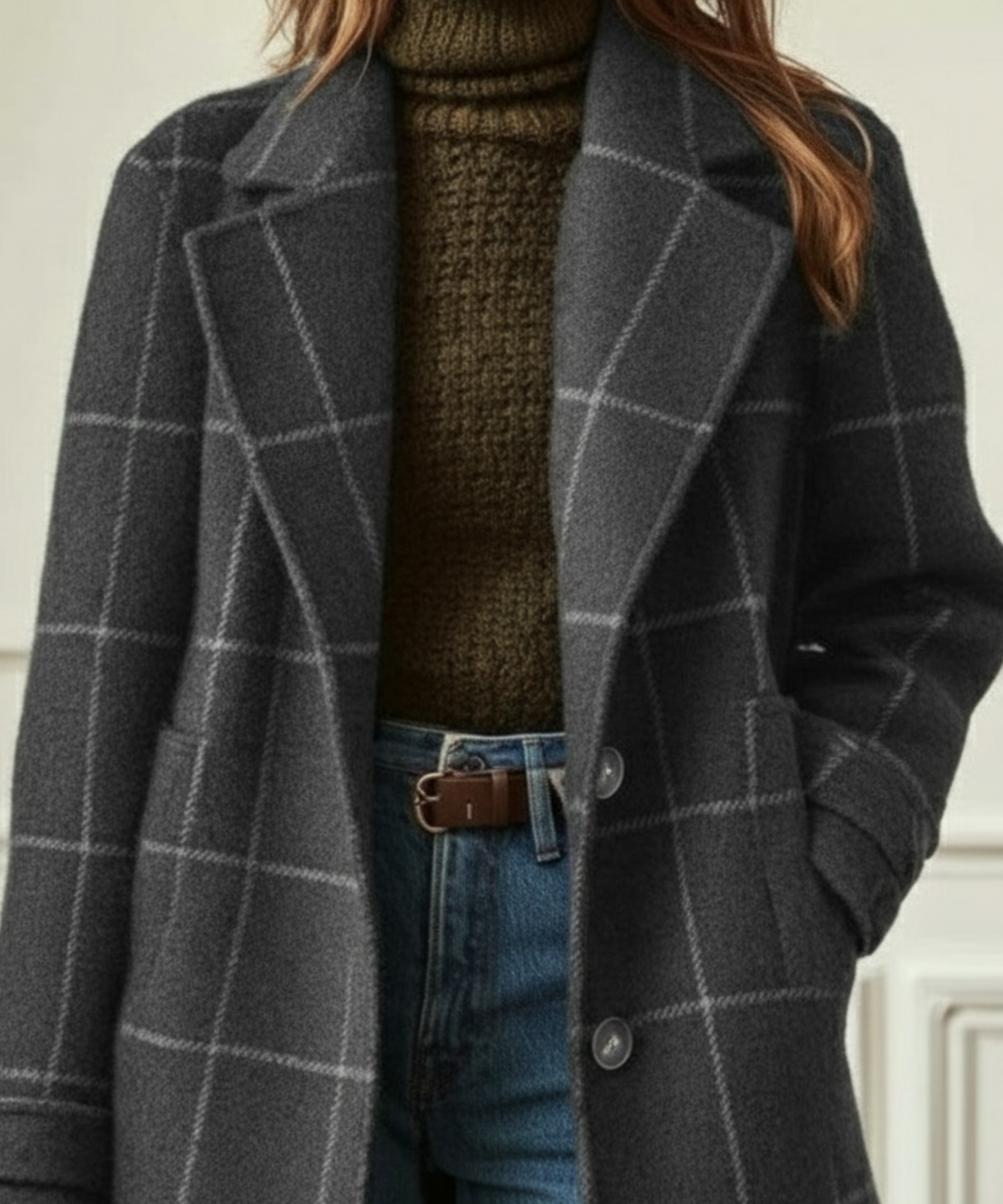 Elegant Windowpane Plaid Wool Coat for Women with Notched Lapel Long Sleeve Button Front Longline Style