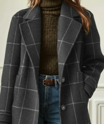 Elegant Windowpane Plaid Wool Coat for Women with Notched Lapel Long Sleeve Button Front Longline Style