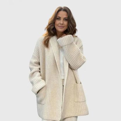 Comfortable Chunky Cardigan Sweater for Women with Shawl Collar Long Sleeve Patch Pocket Oversized Knit Style