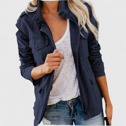 Effortless Cotton Utility Jacket for Women with Snap Collar Long Sleeve Cargo Pocket Casual Style