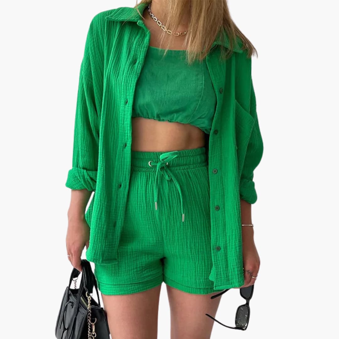 Effortless Crinkle Cotton Two Piece Set for Women with Collared Button Front Drawstring Shorts Relaxed Style