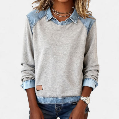 Comfortable Denim Trim Sweatshirt for Women with Layered Collar Long Sleeve Colorblock Casual Style