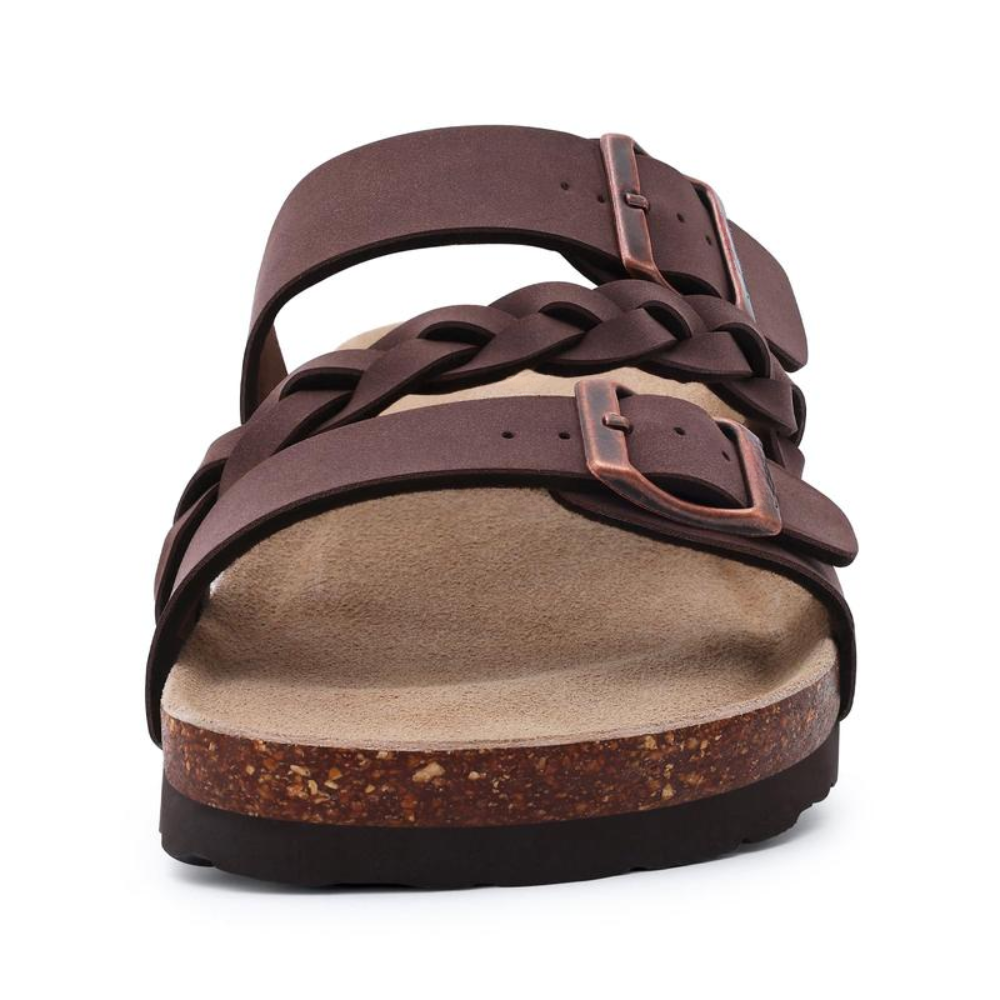 Effortless Braided Buckle Slide Sandal for Women with Double Strap Cork Footbed Casual Style
