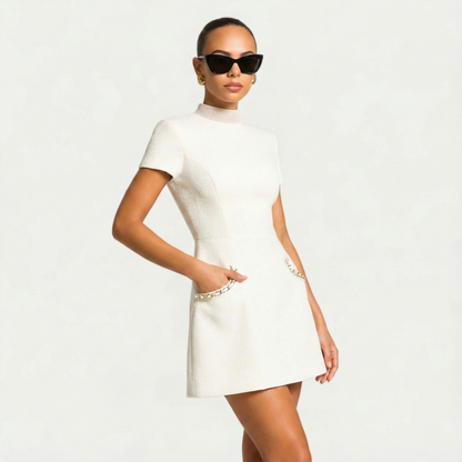 Elegant Tweed Mini Dress for Women with Pearl Embellished Neck Short Sleeve Bodycon Cocktail Style