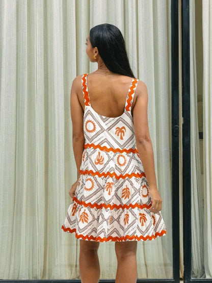 Effortless Tiered Ric Rac Mini Dress for Women with Square Neck Sleeveless Ruffle Hem Bohemian Style
