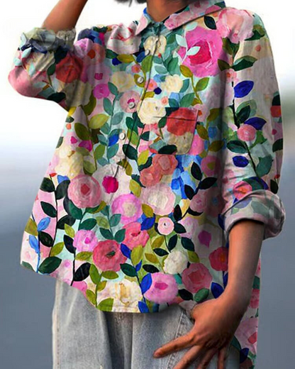 Effortless Floral Print Blouse for Women with Collar Long Sleeve Button Front Relaxed Style