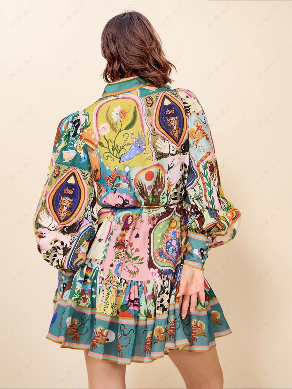 Effortless Multicolor Printed Mini Dress for Women with High Neck Balloon Sleeve Belted Tiered Bohemian Style