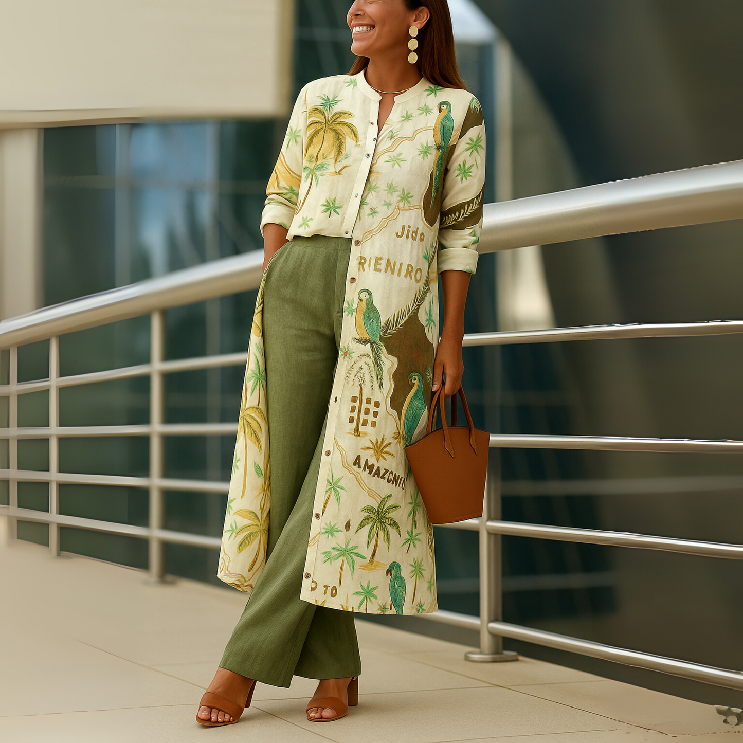 Effortless Tropical Print Two Piece Set for Women with Button Front Duster Wide Leg Pant Boho Style