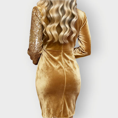 Elegant Sequin Velvet Wrap Dress for Women with V Neck Long Sleeve Ruched Bodycon Cocktail Style