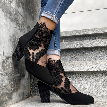 Elegant Lace Ankle Boot for Women with Floral Embroidery Mesh Block Heel Style