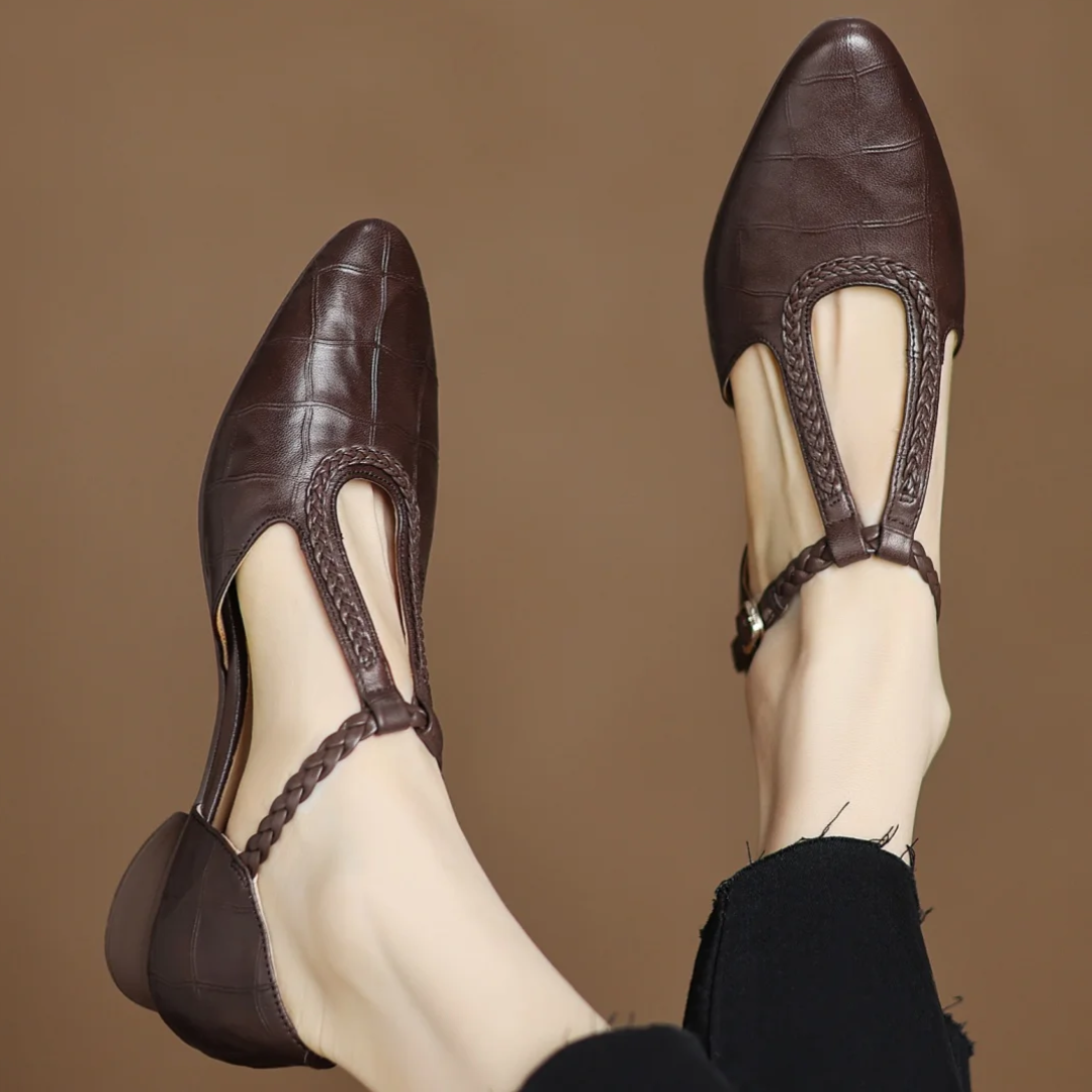 Elegant Croc Embossed Leather T-Strap Flats for Women with Pointed Toe Braided Strap Block Heel Style