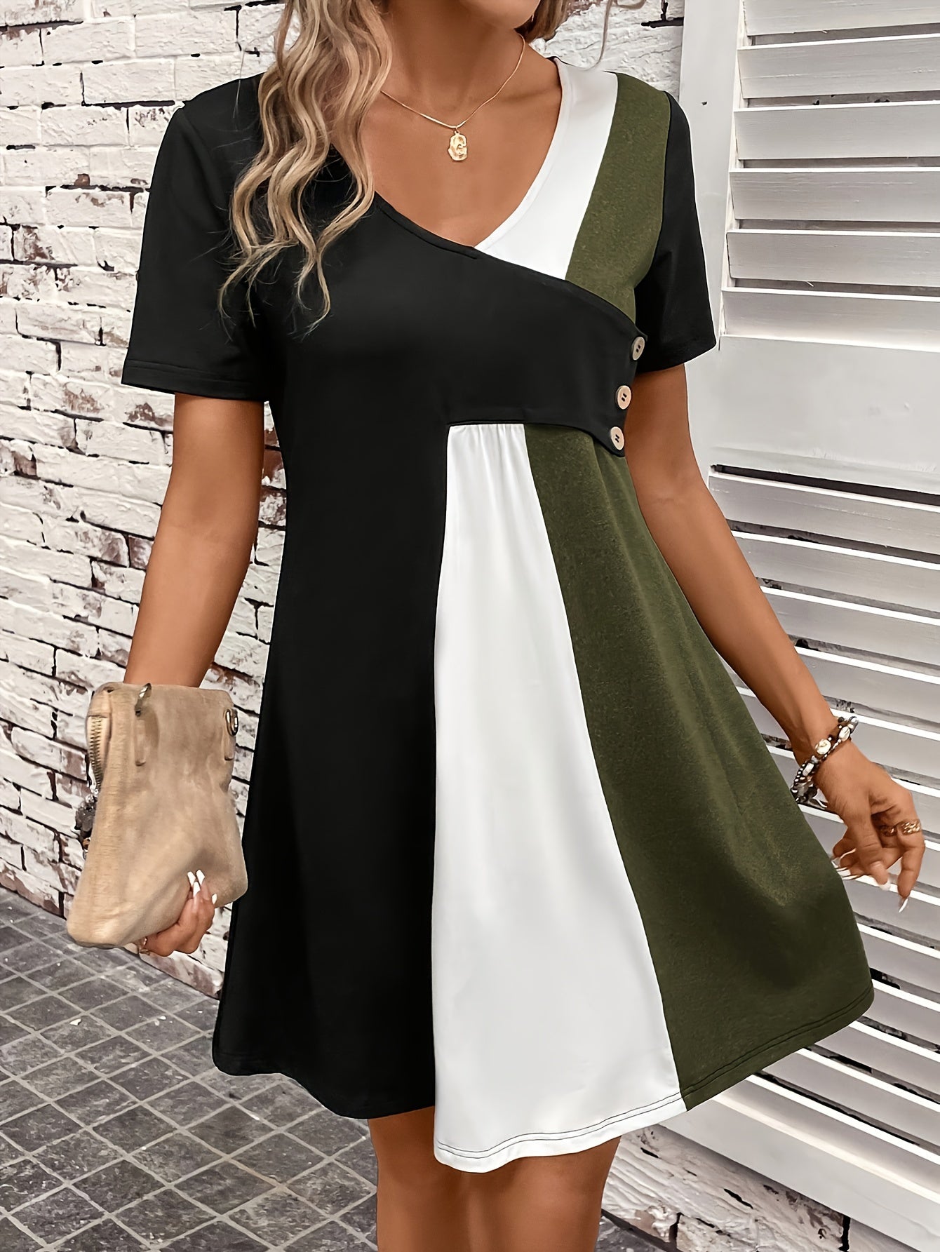 Effortless Colorblock Mini Dress for Women with Asymmetric V Neck Short Sleeve Button Detail Casual Style