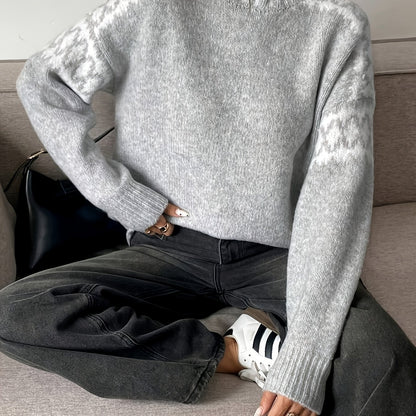 Comfortable Grey Marled Sweater for Women with High Neck Long Sleeve Relaxed Oversized Knit Style