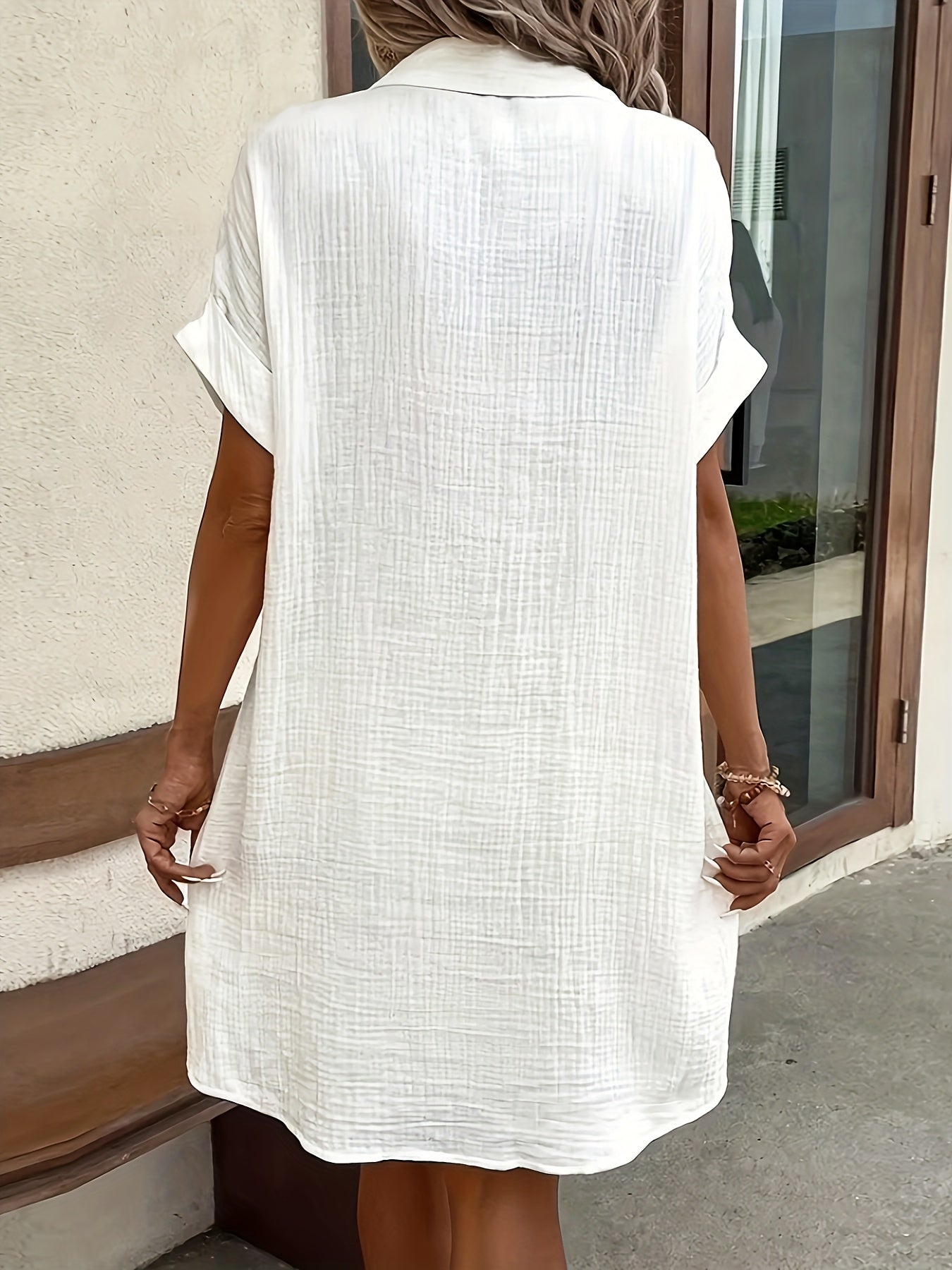 Effortless Textured Shirt Dress for Women with Collar Short Sleeve Button Front Relaxed Casual Style