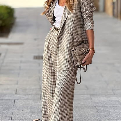Elegant Plaid Two Piece Set for Women with Lapel Collar Double Breasted Blazer Wide Leg Pant Formal Style