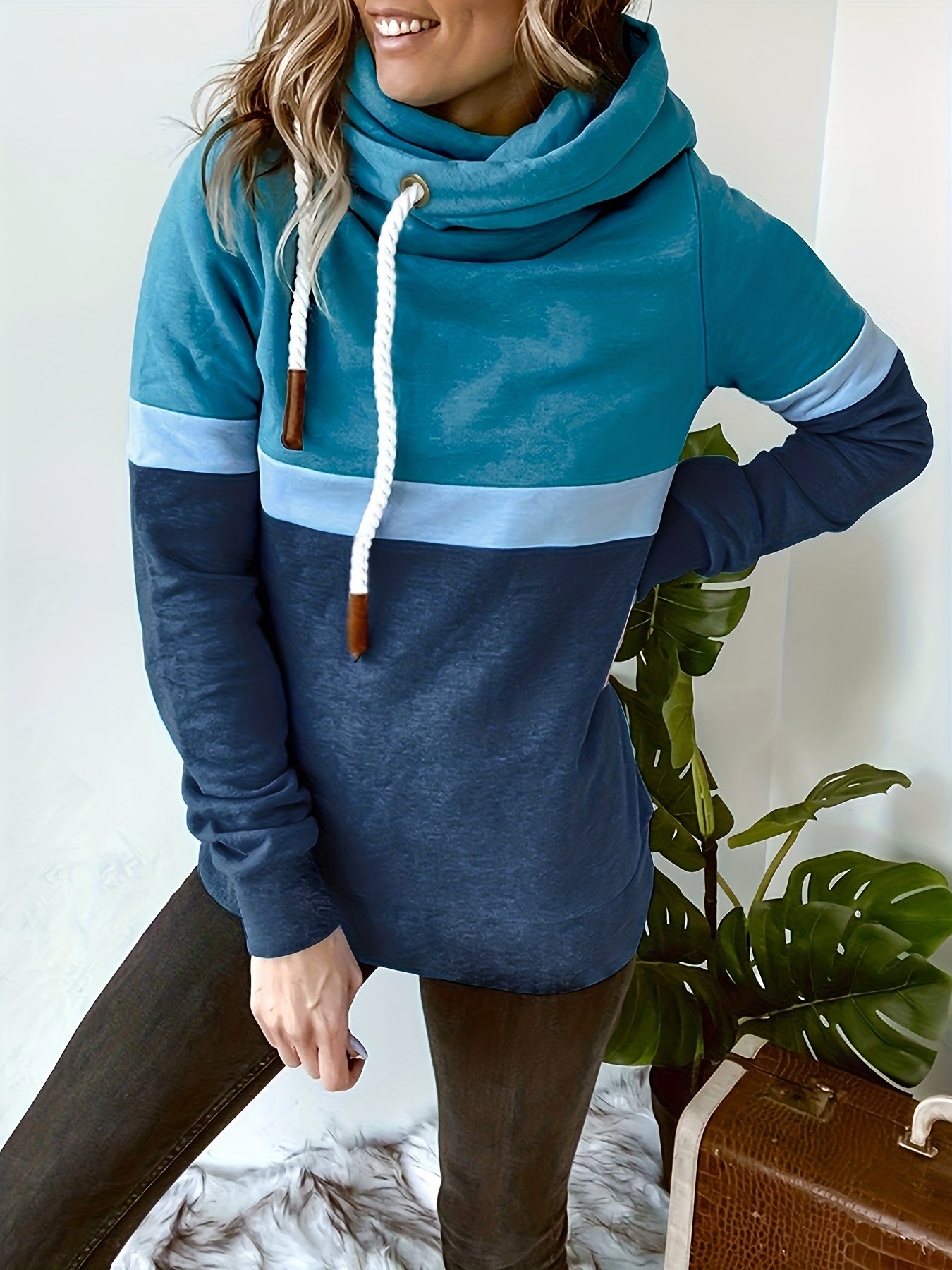 New Autumn Winter Color-Block Hooded Casual Sweatshirt Fashion Loose Lazy Style Jacket Long Sleeve Top