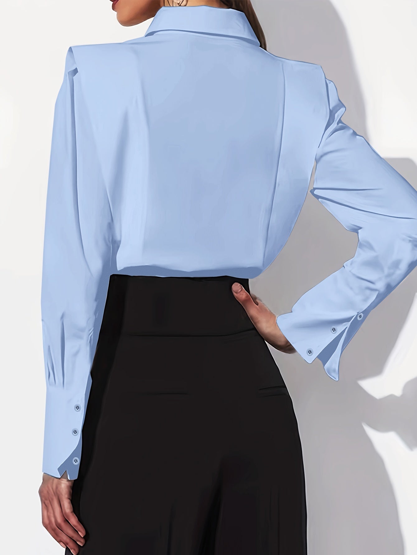 Elegant Structured Blouse for Women with Point Collar Long Sleeve Puff Shoulder Button Front Casual Style