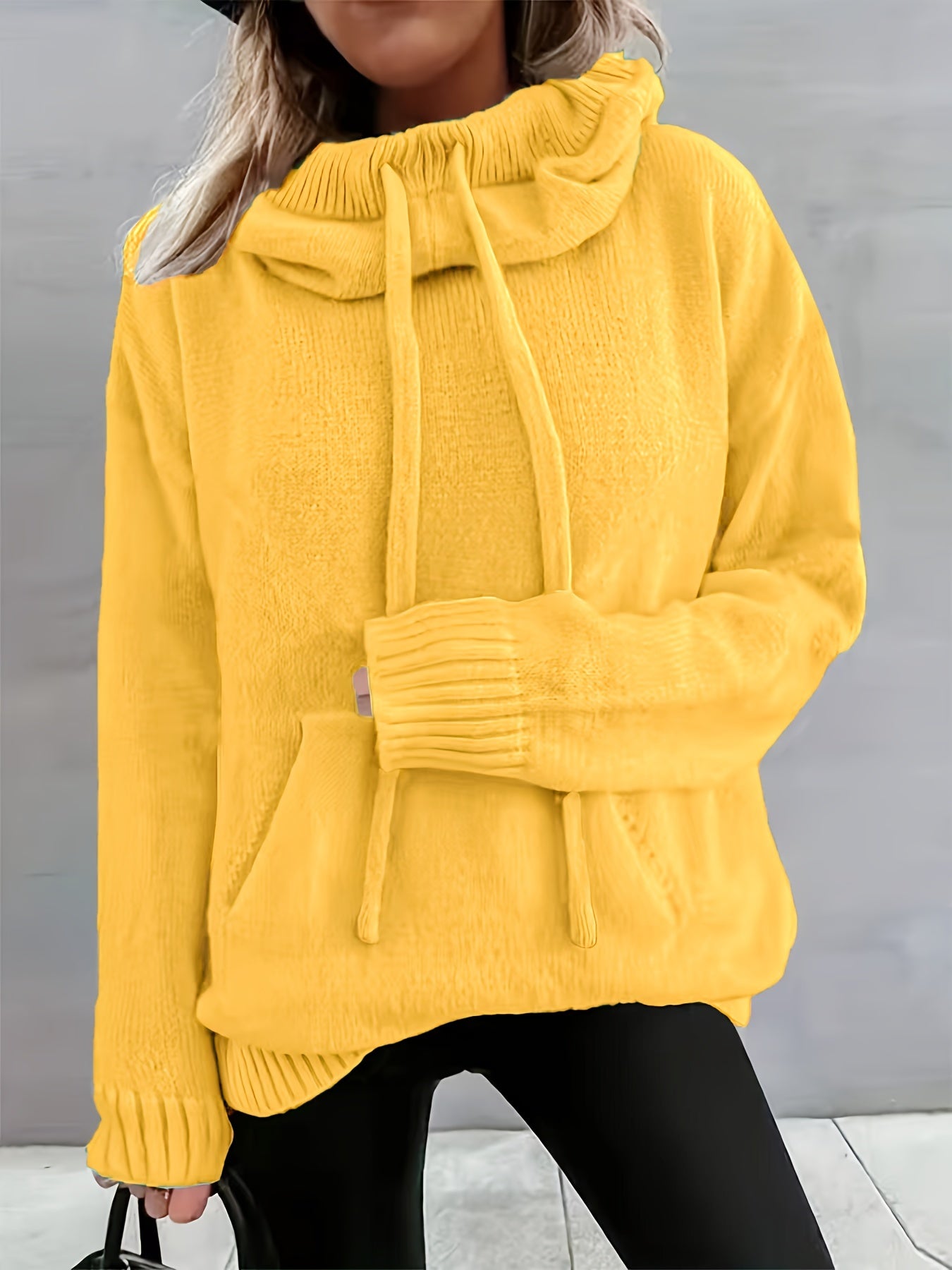 Comfortable Knit Sweater for Women with Cowl Neck Long Sleeve Drawstring Oversized Style