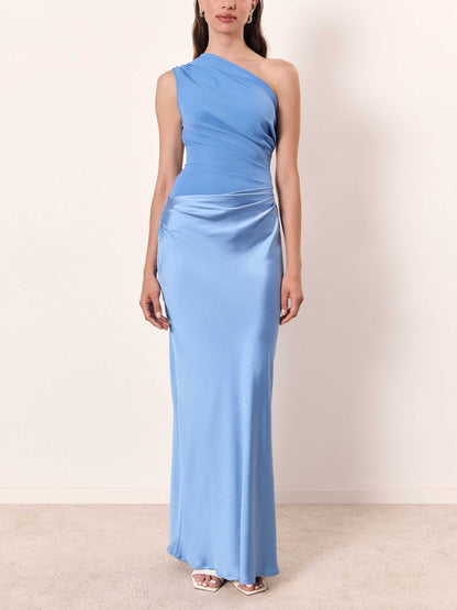 Elegant Satin Maxi Dress for Women with One Shoulder Ruched Draped Mermaid Evening Style