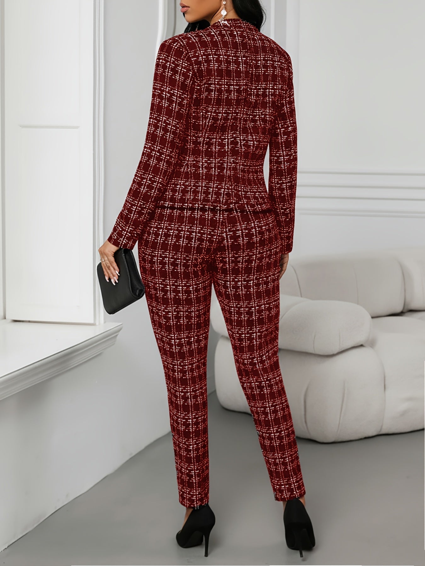 Elegant Plaid Two Piece Set for Women with Open Front Button Jacket Skinny Pant Formal Style