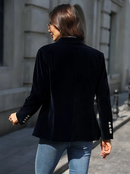 Elegant Velvet Blazer for Women with Lapel Collar Long Sleeve Single Button Tailored Formal Style