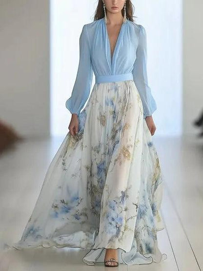 Elegant Blue Floral Maxi Dress for Women with V Neck Long Sleeve Flowing Bohemian Style