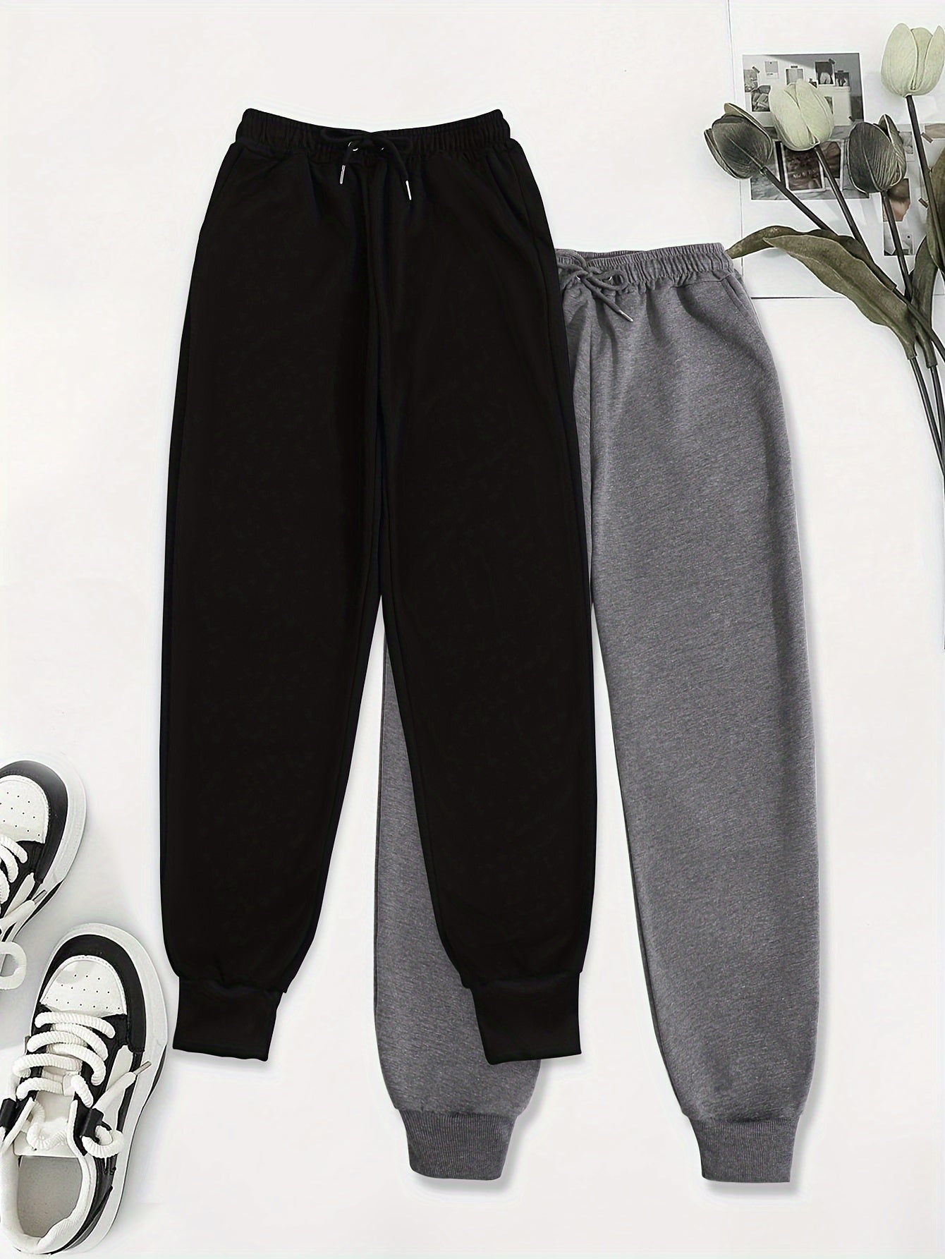 2pcs Women's Casual Jogging Pants - Soft and Comfortable Drawstring Waistband Sport Pants