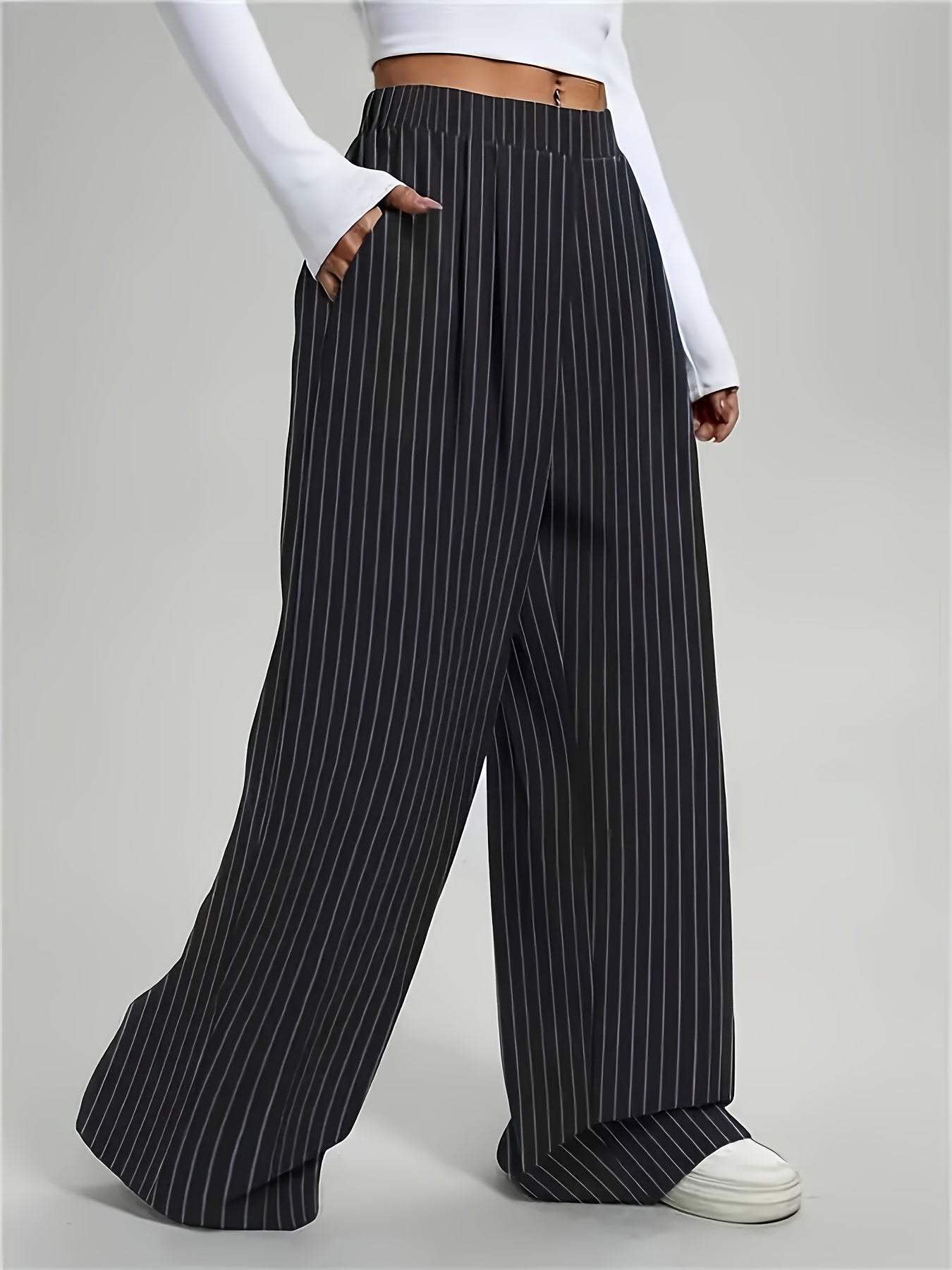 Effortless Black Pinstripe Wide Leg Pants for Women with High Waist Pleated Relaxed Tailored Style